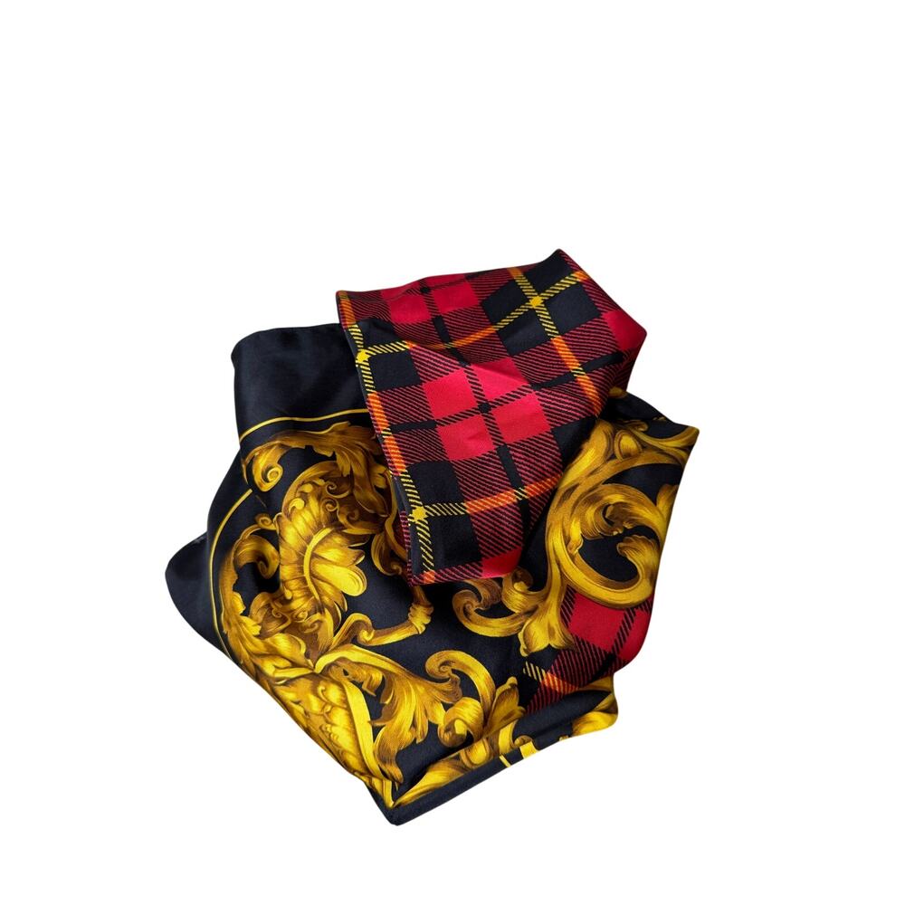 80s 90s 100% Silk Scarf Equestrian Tartan Plaid Baroque Gold Scrollwork 36x35